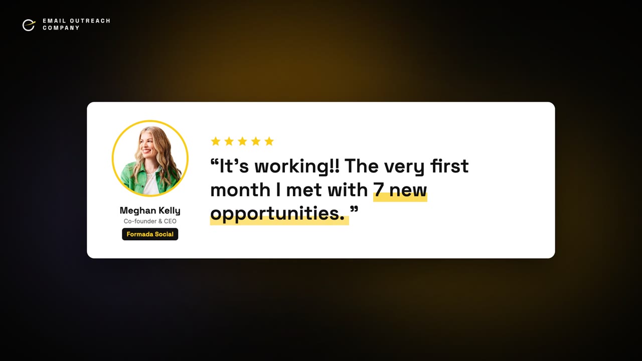 A frame from the EOC video: a client testimonial card with her photo and five stars